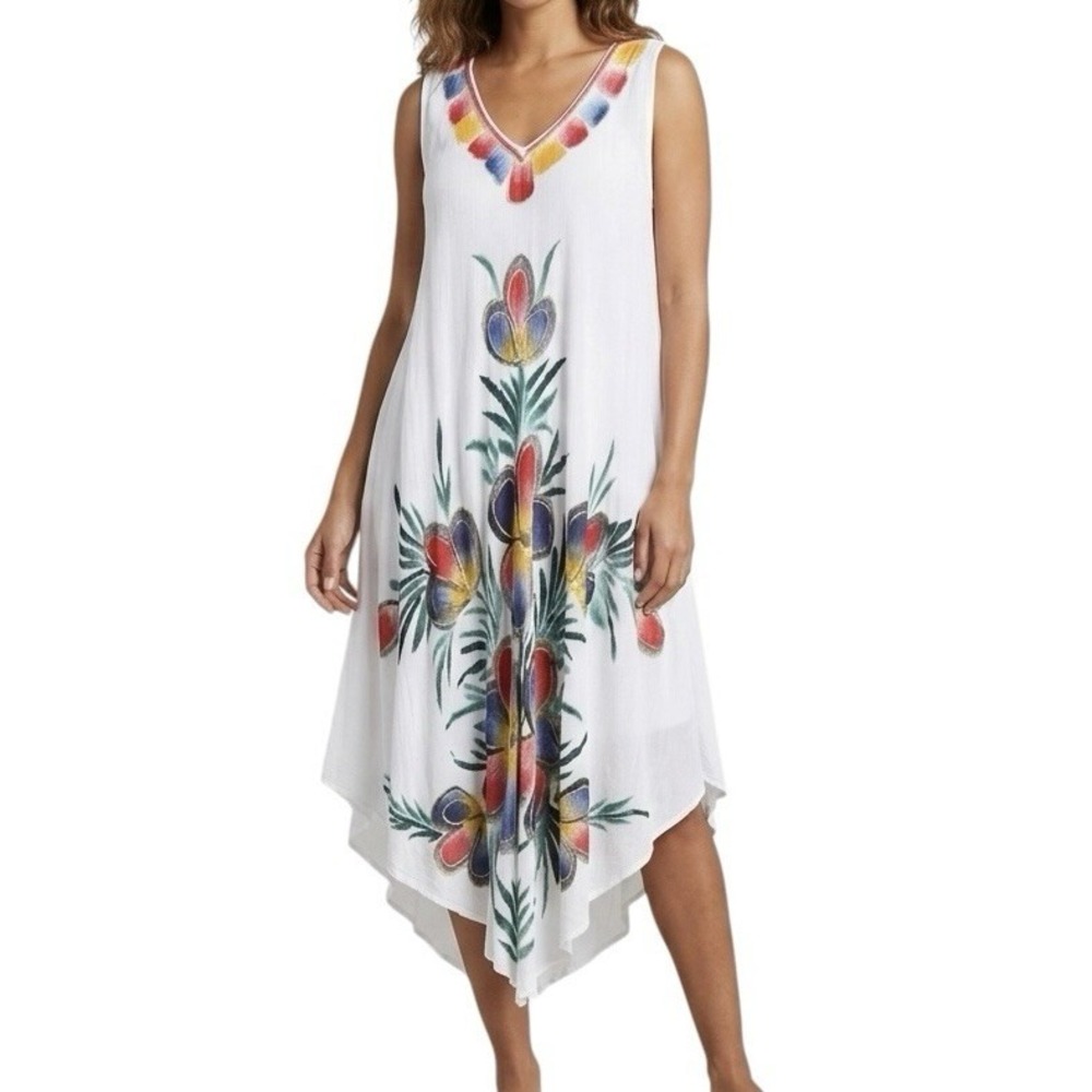 White Floral Dress Cover Up OS Tropical Resortwear Hand Painted Embroidered NWT